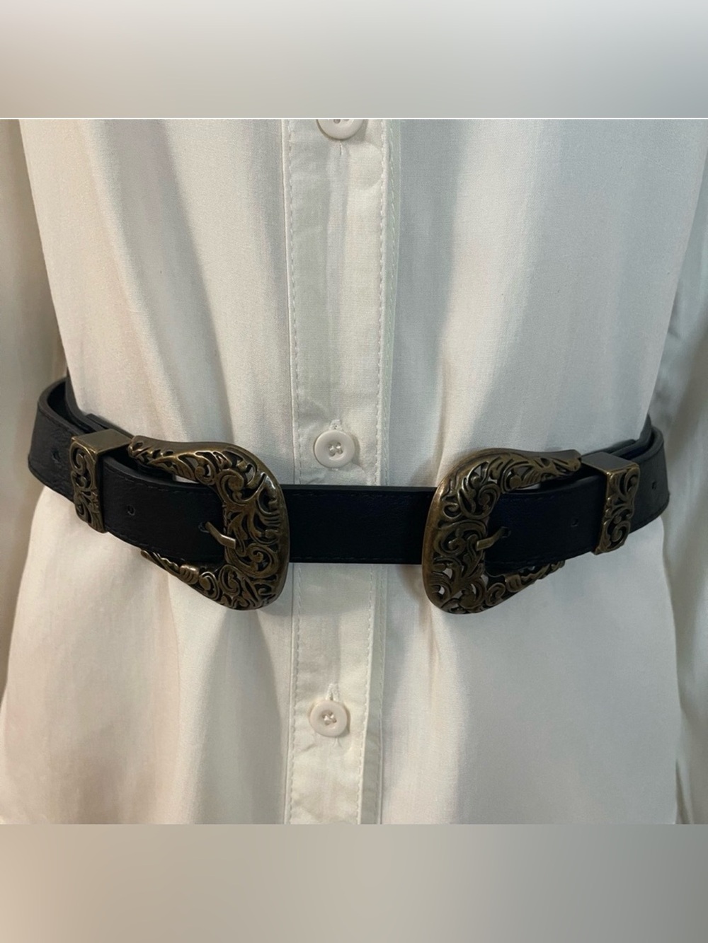 Black distressed faux leather double buckle skinny belt